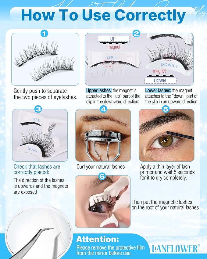 Lanflower Magnetic Eyelashes with Applicator Natural Look Magnetic Lashes with Lash Primer Wispy Magnetic Eyelashes Natural Look Reusable Cat Eye Lashes with Magnets No Need Glue