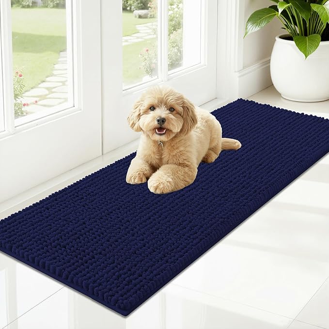 OLANLY Dog Door Mat for Muddy Paws 47x17, Ultra Absorbent Chenille Mud Doormat, Non-Slip Washable and Dirt Trapping Doormat for Indoor Entryway, Quick-Dry Indoor Pet Bed Mats for Dogs, Navy Blue