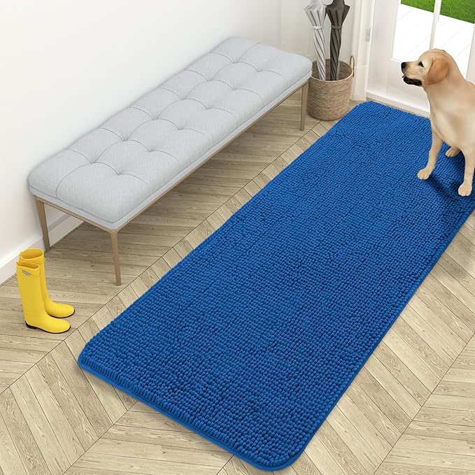 OLANLY Dog Door Mat for Muddy Paws 59x24, Absorbs Moisture and Dirt, Absorbent Non-Slip Washable Doormat, Quick Dry Chenille Mud Mat, Entry Indoor Entryway Carpet for Inside Floor, Deep Navy Blue