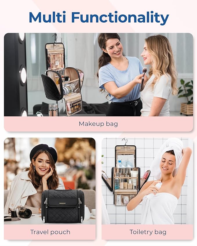 BAGSMART Toiletry Bag for Women, Travel Toiletry Bag Makeup Cosmetic Bag with Hanging Hook, Water-resistant for Toiletries Accessories Brushes Sponge