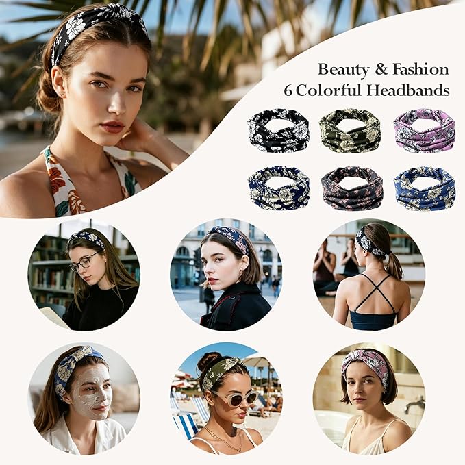 HSEM Wide Headbands for Women 6-Pack – Non-Slip Boho Hair Bands, Thick Elastic Flower Head Bands – Large Knotted Soft Stretchy Sweat Bands for Sports, Yoga, Washing Face, Makeup, Running, Spa