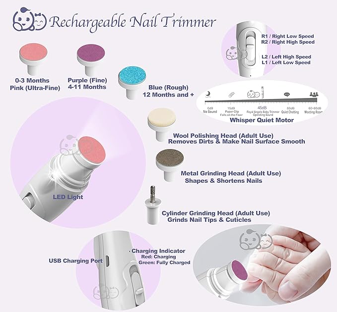 Royal Angels Rechargeable Dual Sided 20 in 1 Baby Nail Trimmer & Clipper, 15 Filing Pads, Whisper Quiet Electric File with LED Lights for Newborns & Toddlers, Safe Manicure Set for Families (Snow)