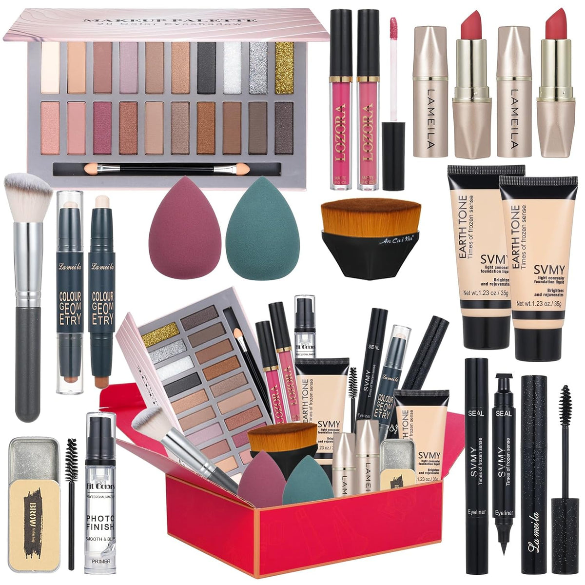 All in One Makeup Kit for Women Full Kit Includes Palette Foundation & Face Primer, Makeup Brush Makeup Sponge, Eyebrow Soap, Winged Eyeliner Stamp 20 Colors Eyeshadow Gift Set for Women, Girls & Teen