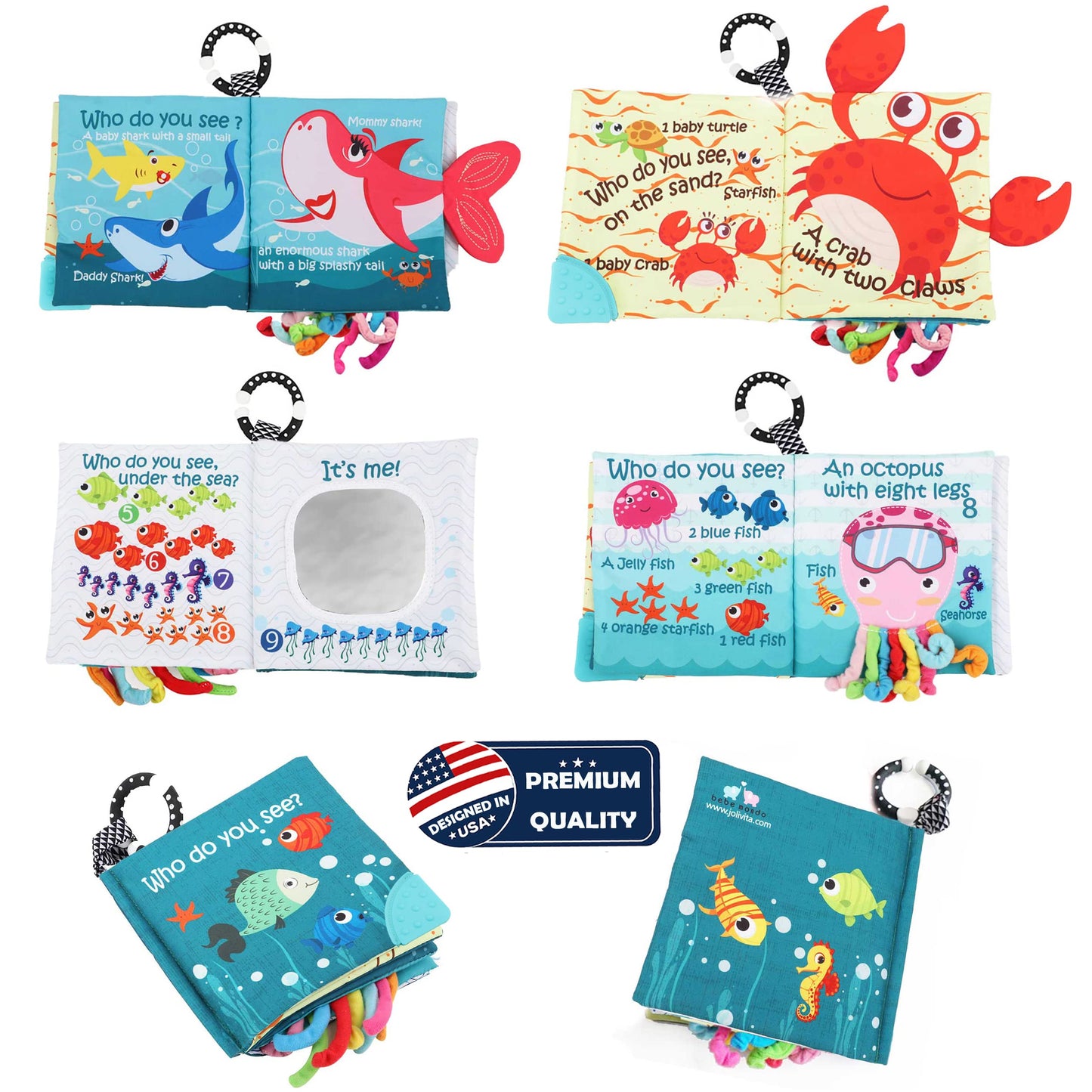 Fish Baby Books Toys, Touch Feel Cloth Crinkle Books for Babies,Baby Infant Toys 0-6, 6-12,12-18 Months,Newborn,Early Learning Education, Baby Gifts Shower for Boys Girls,Teething, Mirror,Shark Ocean
