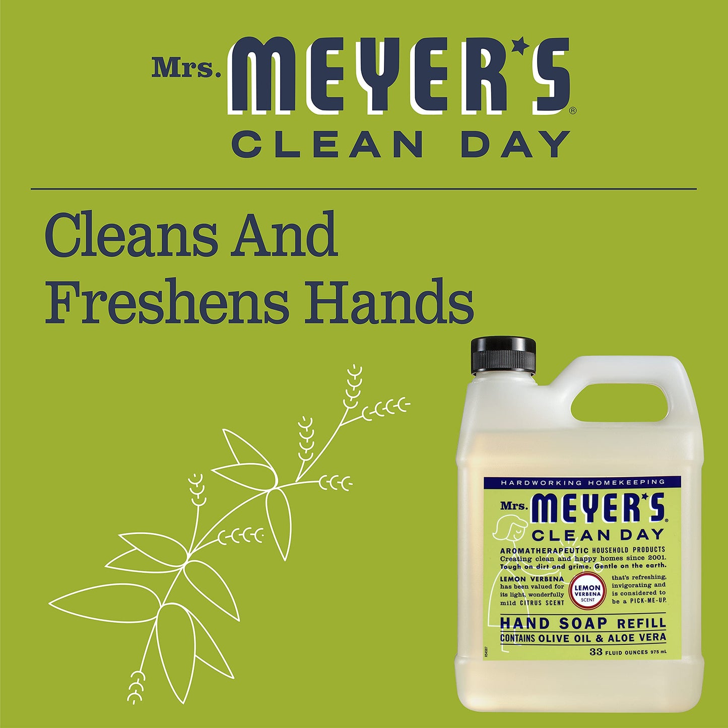 MRS. MEYER'S CLEAN DAY Hand Soap Refill, Made with Essential Oils, Lemon Verbena, 33 Fl. Oz - Pack Of 2
