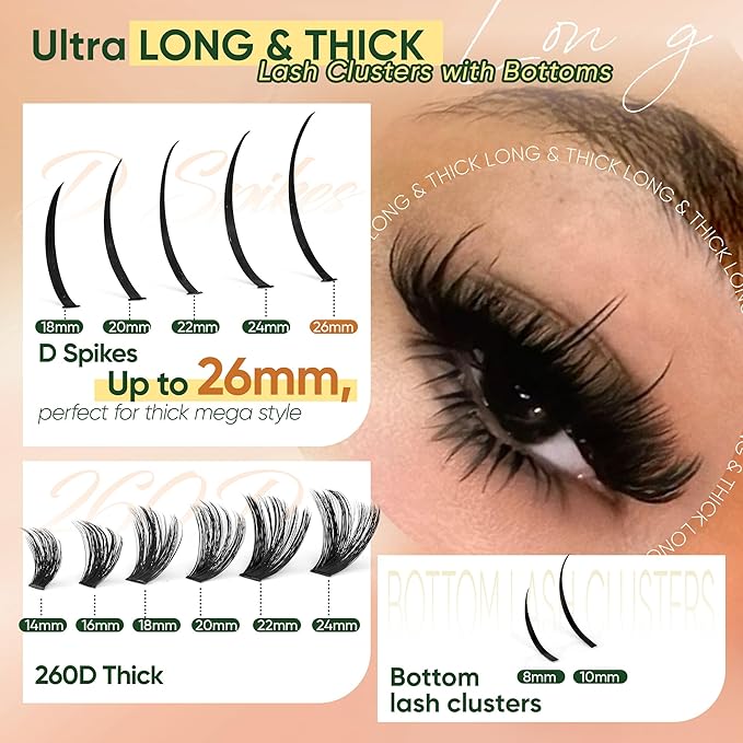 Lash Clusters with Bottom Lashes Spike Long 26mm Lash Clusters with Spikes 260D Volume Eyelash Clusters DIY Cluster Eyelash Extensions Mega Style Individual Bottom Lashes Extension by CORUSCATE