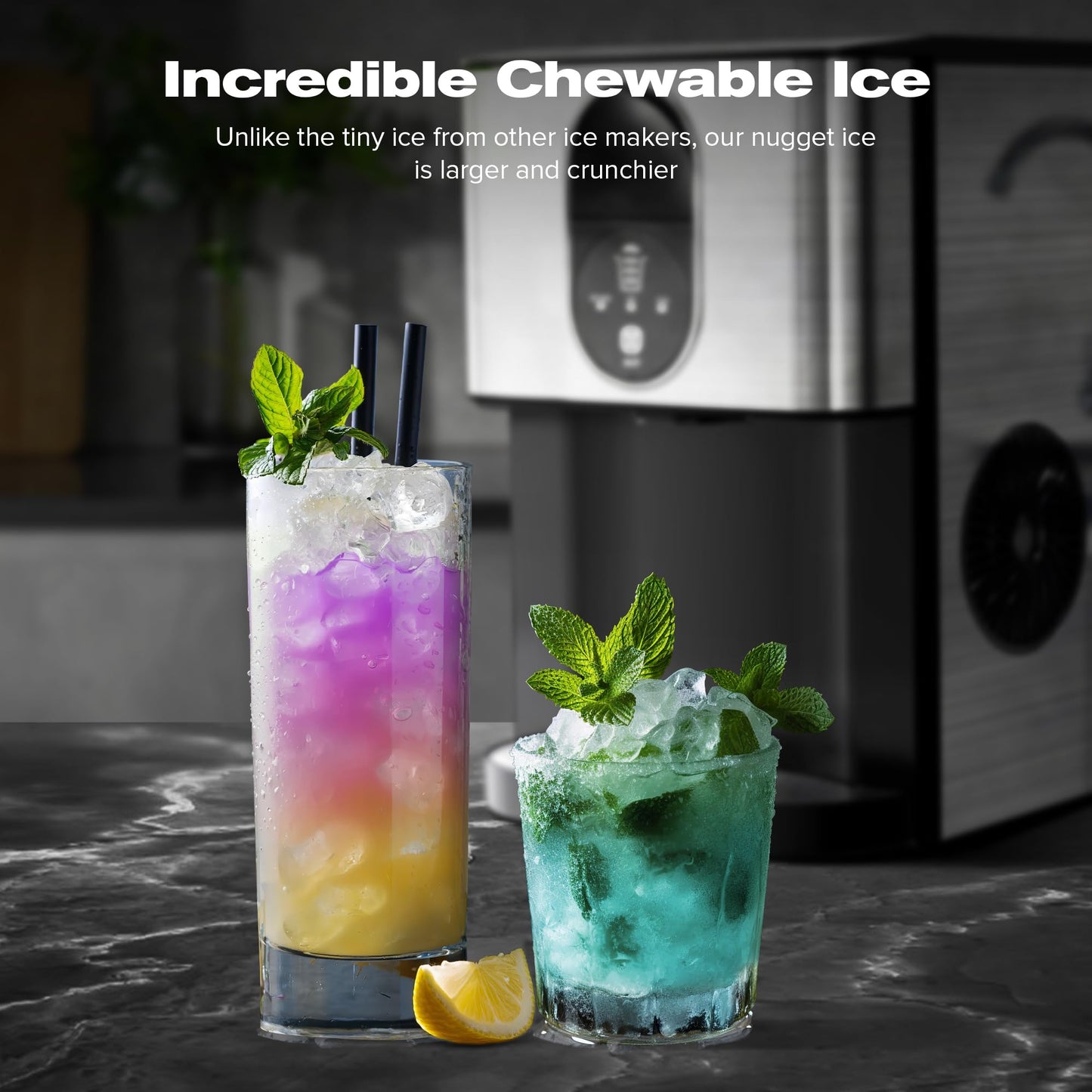 Kismile Countertop Nugget Ice Maker, 44lbs/24H Soft Chewable Pebble Ice Machine with Self-Cleaning and One-Click Operation, Compact Pellet Ice Maker for Home & Kitchen (Silver)