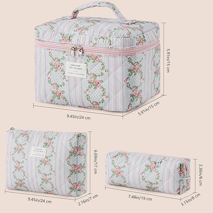 HBselect Quilted Makeup Bag, 3PCS Cotton Large Travel Makeup Bag, Cute Floral Coquette Make up Bag Cosmetic Bag Toiletry Bag for Women Girls
