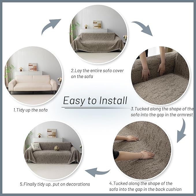 MYSKY HOME Couch Covers for 3 Cushion Couch Sofa, Sectional Couch Cover L Shape Chenille Couch Cushion Covers for Pets, Furniture Protector Cover for Dogs, Kids, 91"X150", Sand