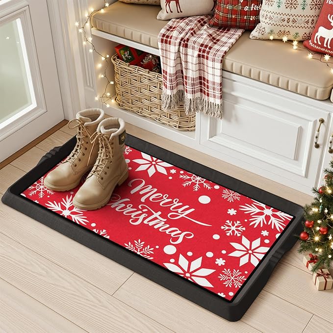 Christmas Boot Tray Mat - Heavy Duty Snow & Water Catch Tray, Waterproof Rubber Shoe Mat with Lip for Entryway, Indoor & Outdoor Holiday Decor Storage (16"x27.5")