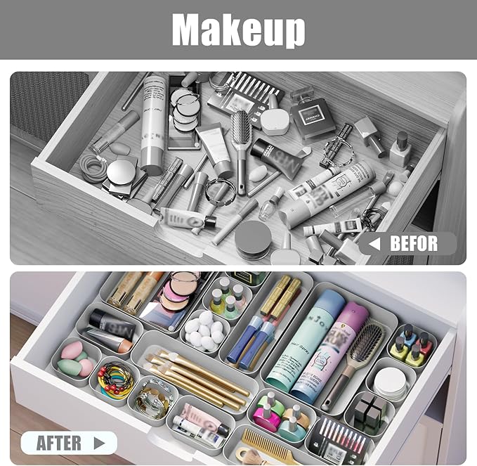 18 pcs Desk Drawer Organizer Tray, Multiple Sizes Plastic Drawer Organizer Storage, Stackable Organizer Containers For Makeup, Bedroom, Kitchen Gadgets Utensils and Office