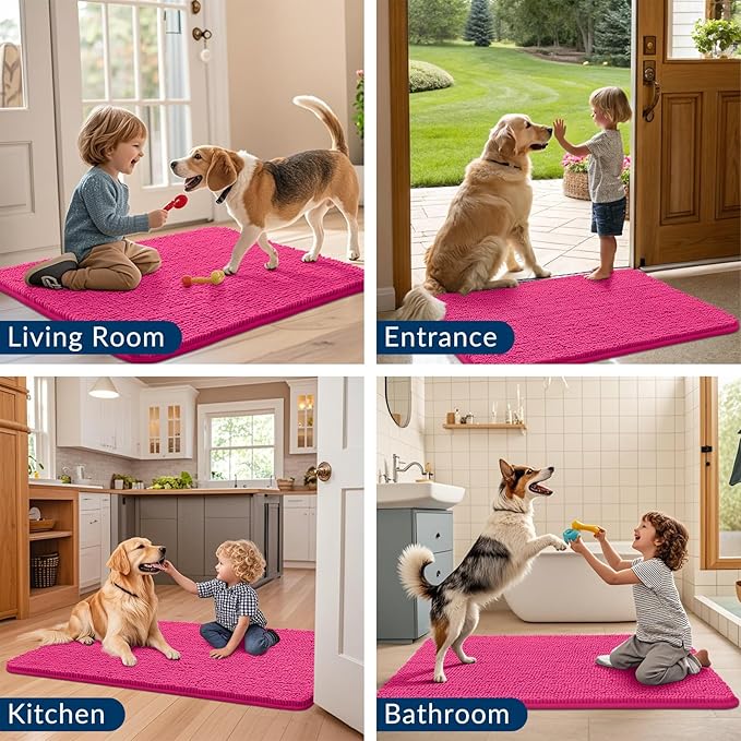 Smiry Dog Door Mat for Muddy Paws 47x24, Absorbs Moisture and Dirt Doormat, Non-Slip Washable Quick Dry Chenille Front Door Mat Indoor Entrance, Entryway Carpet for Inside Floor, Hot Pink