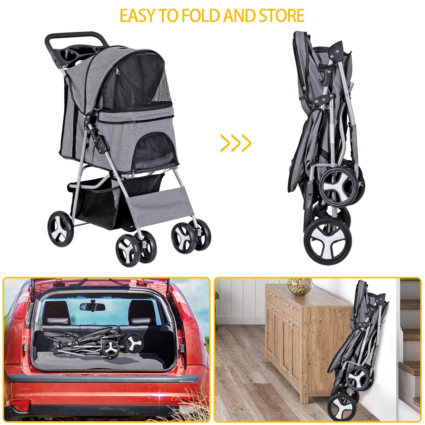 ZENY Foldable Pet Stroller, Cat/Dog Stroller with 4 Wheel, Pet Travel Carrier Strolling Cart with Storage Basket, Cup Holder (Grey)