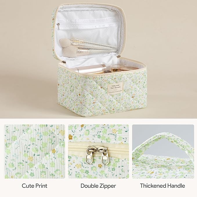 HBselect Quilted Makeup Bag, 3PCS Cotton Large Travel Makeup Bag, Cute Floral Coquette Make up Bag Cosmetic Bag Toiletry Bag for Women Girls