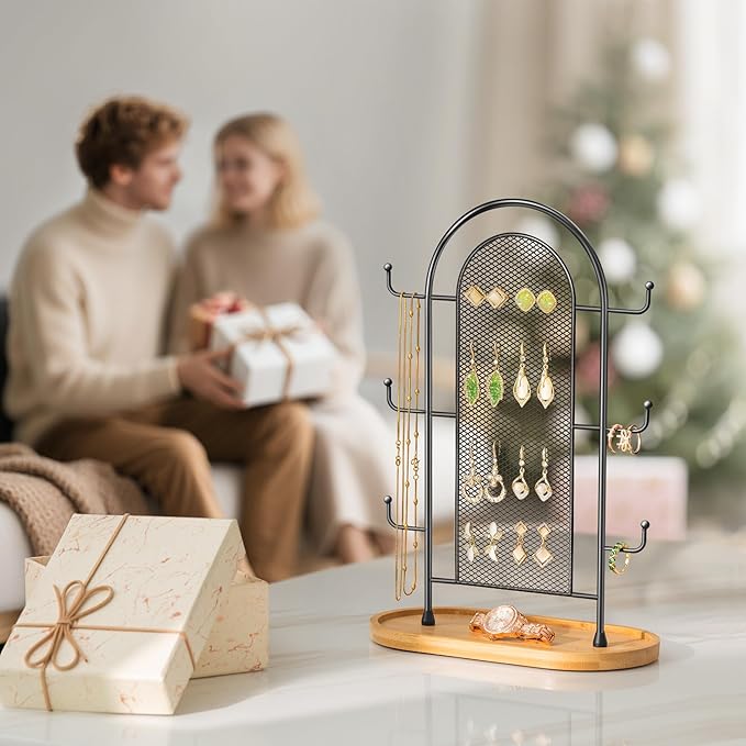 Jewelry Holder Organizer Earring Display - Stands Earring Storage Earring tree Hanger Jewelry Towers Rack with 6 Hooks 300 Stud Holes Wood Tray for Necklaces Bracelets Rings