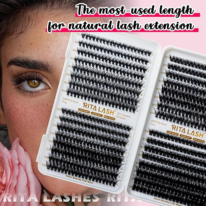RITALASH Lash Extension Kit 40D+50D+60D+80D DIY Lash Clusters Kit 640pcs Cluster Lashes Individual Lashes Eyelash Extension Kit with Lash Bond and Seal,Lash Tweezers(40D+50D+60D+80D Kit,10-16mm Mixed)
