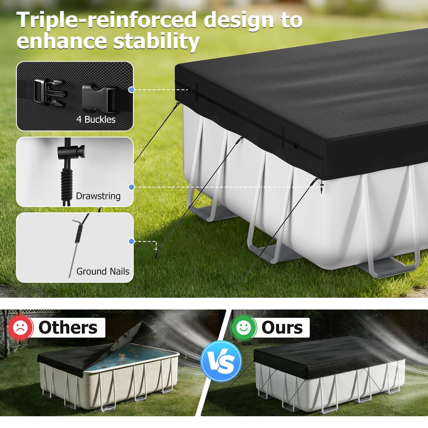 7x10 FT Rectangular Pool Cover, Solar Pool Cover for Above Ground Pool, Swimming Pool Cover Including Buckle, Drawstring and Ground Nails for Rectangular or Oval Pools