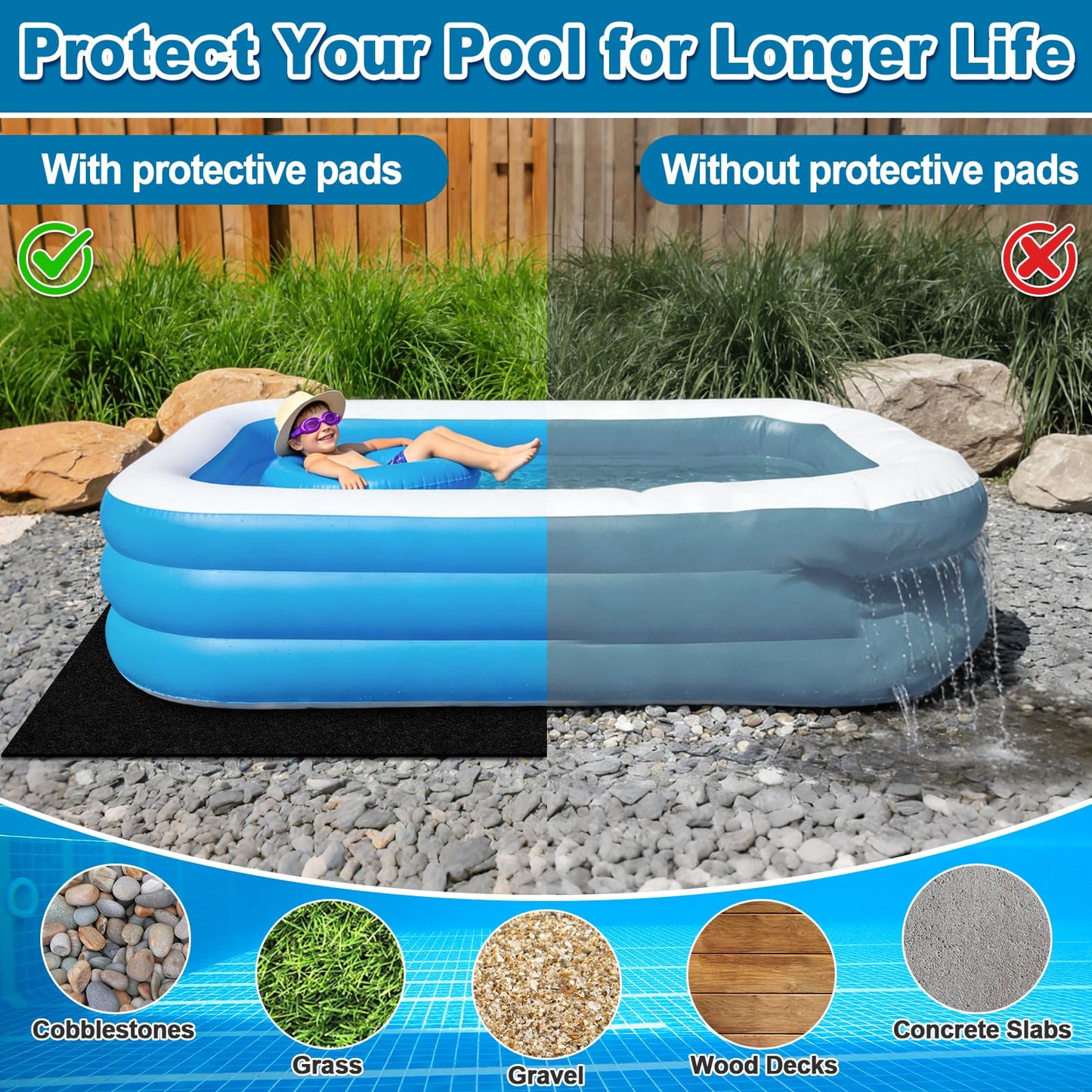 11x7.5Ft Rectangular Pool Liner Pad for Above Ground Swimming Pools,250g/㎡ Heavy Duty Pool Ground Mat Under Pool Pad, Durable Pools Bottom Liner Protector to Prevent Puncture and Extend Liner Life
