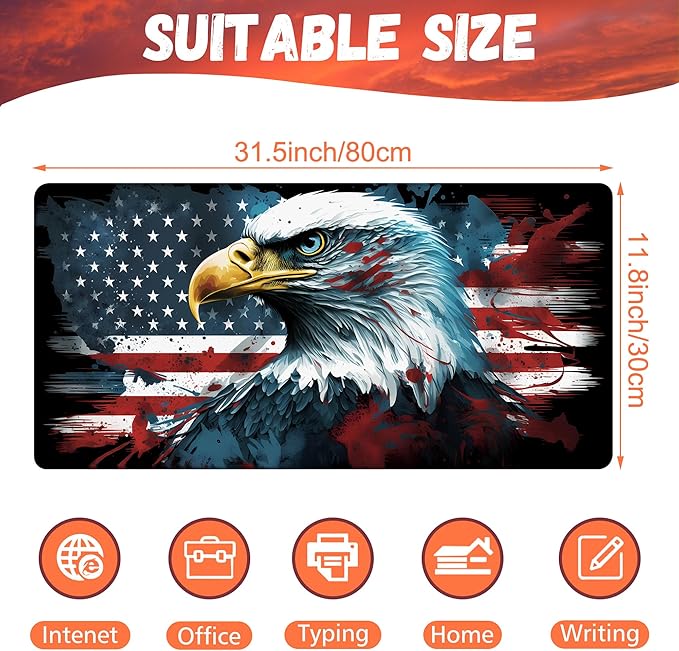 Desk Mat, Bald Eagle American Flag Desk Pad, USA Flag Large Gaming Mouse Pad for Desk, 31.5"x15.7" Extended Big Computer Keyboard Mouse Pad with Non-Slip Base and Stitched Edge