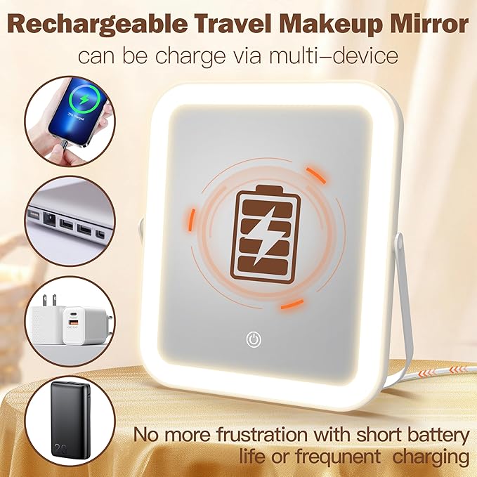 ROLOVE Travel Makeup Mirror with Lights, Ultra-Thin Aluminum Lighted Vanity Mirror, 8"x10" Rechargeable LED Mirror for Travel & Desk, 3 Color Dimmable Portable Folding Mirror, Gifts for Women