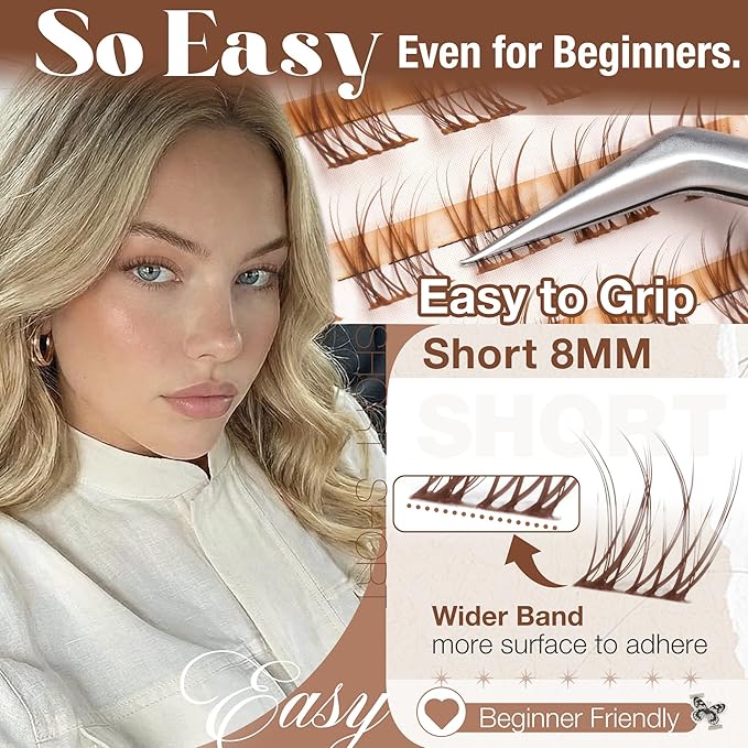 Mavphnee 8MM Brown Lash Clusters Clear Band Eyelashes Natural Looking Individual Lashes Extensions with CC-Curly for Soft Vibe Natural Enhancement