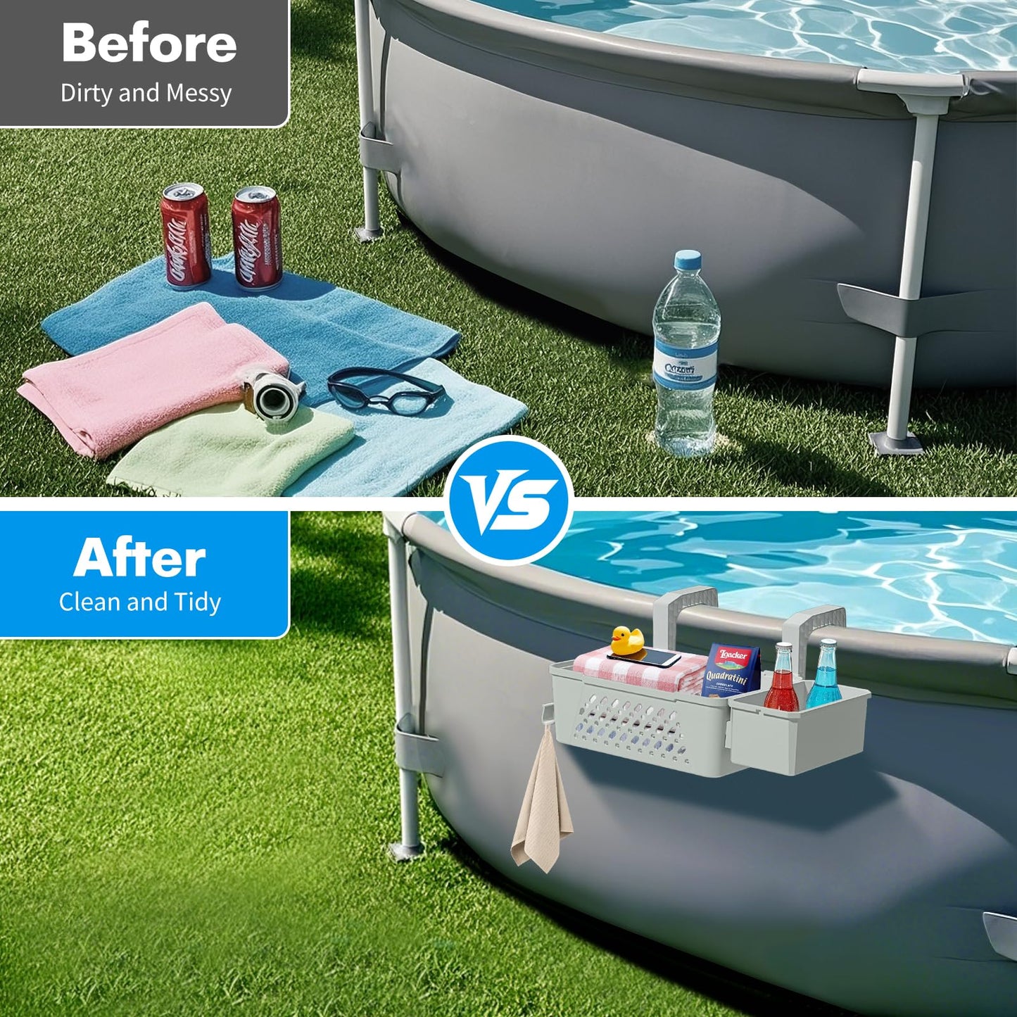Poolside Storage Basket 2 Pack - Above Ground Pool Accessories, Swimming Pool Storage Baskets with Cup Holders,Fits 3” or Smaller Top Rails,Versatile Organizer for Pool Toys,Towels,Beverages (Grey)
