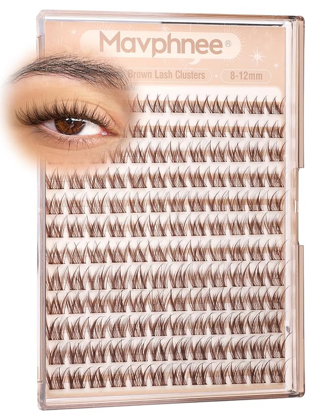 Brown Lash Clusters 8-10-12MM Short Wispy Eyelash Extensions with Natural C Curl and Flexible Clear Band 144Pcs PestaÃÂ±as Postizas MarrÃÂ³n, Easy Application, For Blondes and Redheads
