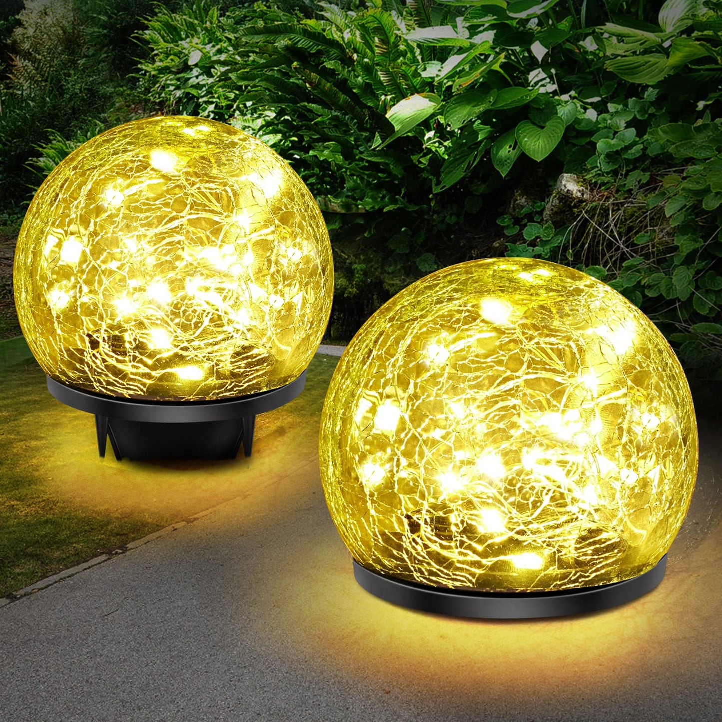 Keevvon Solar Garden Lights, 2 Pack 80 LED Cracked Glass Solar Globe Lights Outdoor Decoration, Upgraded Waterproof Warm White Ball Lights for Yard Pathway Patio Lawn Christmas Outside Decor, 5.9"