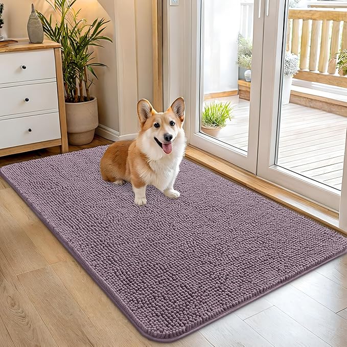 OLANLY Dog Door Mat for Muddy Paws 45x27, Absorbs Moisture and Dirt, Absorbent Non-Slip Washable Doormat, Quick Dry Chenille Mud Mat for Dogs, Entry Indoor Entryway Carpet for Inside Floor, Deep Plum