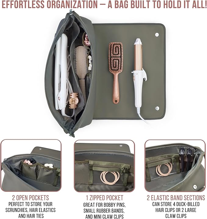 BAREFOOT CARIBOU Hair Tools Travel Bag and Heat Resistant Mat (15.5") for Flat Irons, Straighteners, Curling Iron, and Haircare Accessories, 2-in-1 design, Interior Pockets, Portable Organizer (Olive)