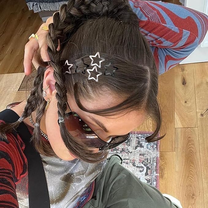 Star Hair Clips 2000s Y2K Snap Hair Barrettes Non Slip Star Hair Accessories Black Silver Metal Hair Clips for Girls Women -30 PCS 1.18"