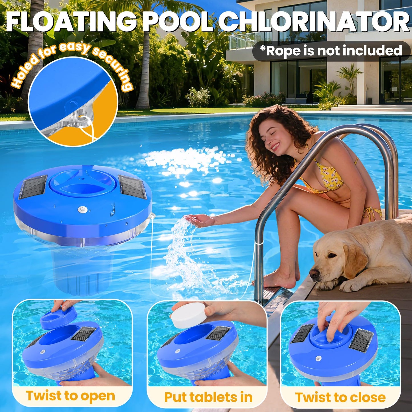 AquClor 2026 New Pool Chlorine Floater,Large Capacity Chlorine Floaters for 5 * 3'' Chlorine Tabs,Solar Chlorine Floater w/Light,Adjustable Floating Chlorine Dispenser for Pool,Hot Tub,Blue