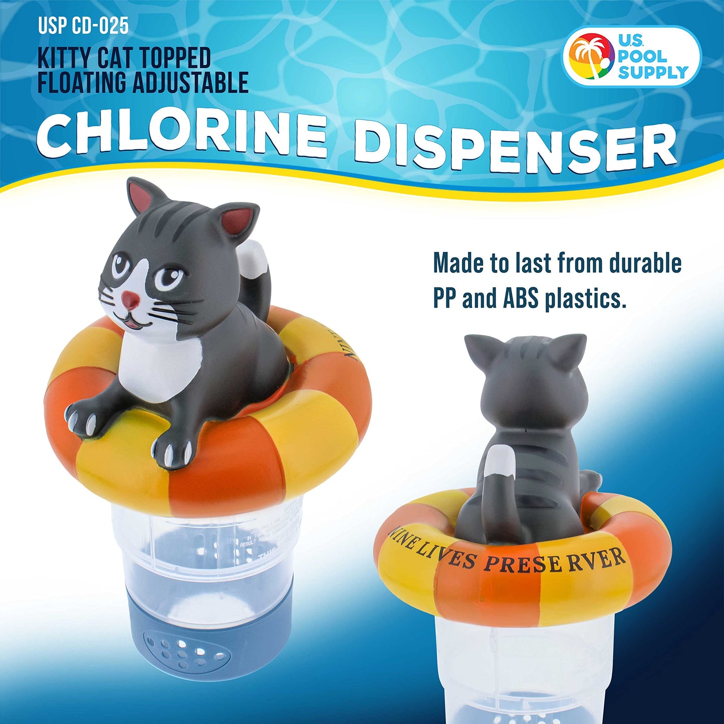 U.S. Pool Supply Kitty Cat Floating Pool Chlorine Dispenser, Collapsible Base, Holds 3" Tablets - 7" Fun Cute Happy Pet Life Preserver Animal Float Floater Decoration, Adjustable Balanced Delivery