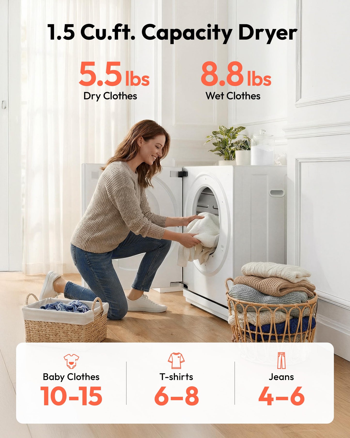 EUHOMY 1.5 Cu.ft. Portable Dryer with 4 Drying Programs, 5.5 lbs Clothes Capacity, Mirror Finish & LCD Touch Panel, 850W Portable Clothes Dryer for Apartment, Dorm & RV, White