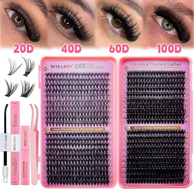 RITALASH Lash Extension Kit DIY Lash Clusters 800pcs Cluster Lashes Individual Lashes Book Set Eyelash Extension Kit with Lash Bond and Seal,Lash Remover,Lash Tweezers(20D+40D+60D+100D Kit,8-16mm)