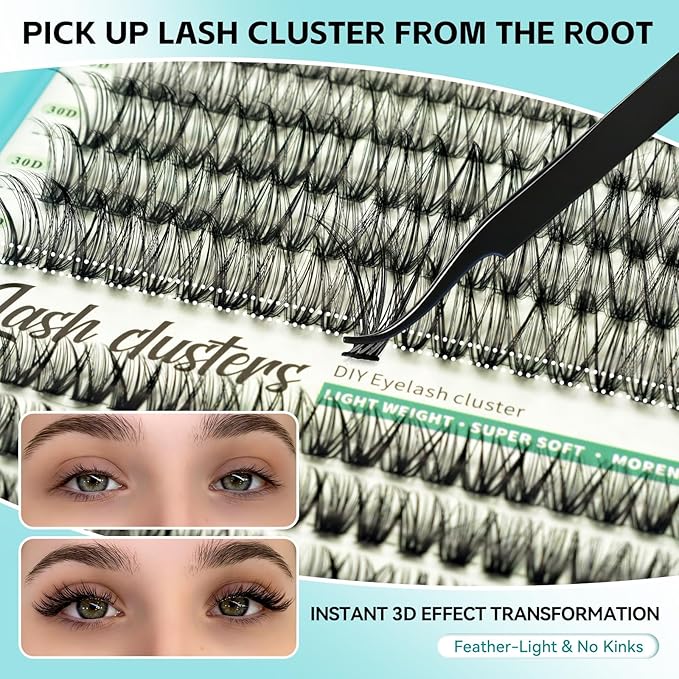Wispy Lash Clusters Kit, D Curl Lashes Clusters Natural Look 9-16mm Individual Super Thin Band DIY Cluster Eyelash Extensions Kit with Bond Seal Tweezers Brush Remover (30DÃ¢ÂÂ100D Mix)