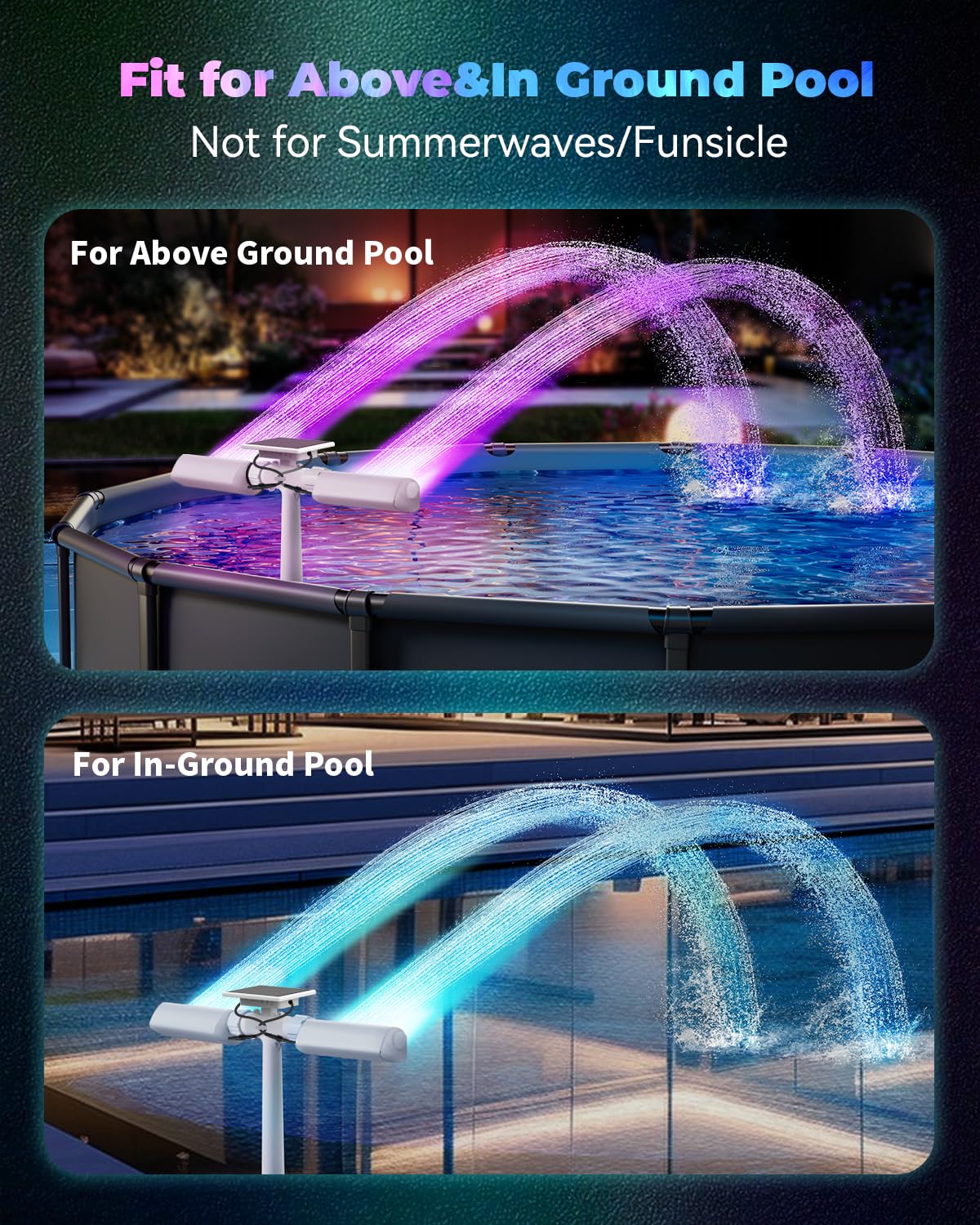 POOLJOYO Solar Pool Fountain with 10-Color 4-Mode RGB LED Lights, Above/Inground Solar Lights with Remote, 360°Adjustable Dual Spray Waterfall Sprinkler Fountain for Relaxation & Cooling 10-20°F