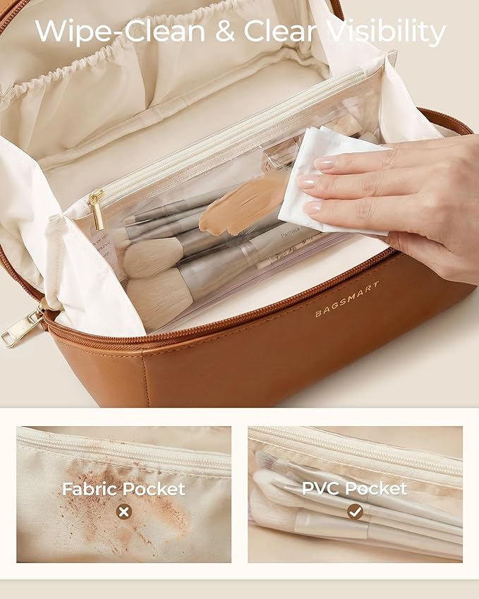 BAGSMART Makeup Bag Travel Cosmetic Bag, Large Make Up Bag Flat Open Toiletry Bag for Women, PU Leather Travel Essentials Organizer Case, Wide-open Pouch Purse for Skincare, Brushes, Classic Brown