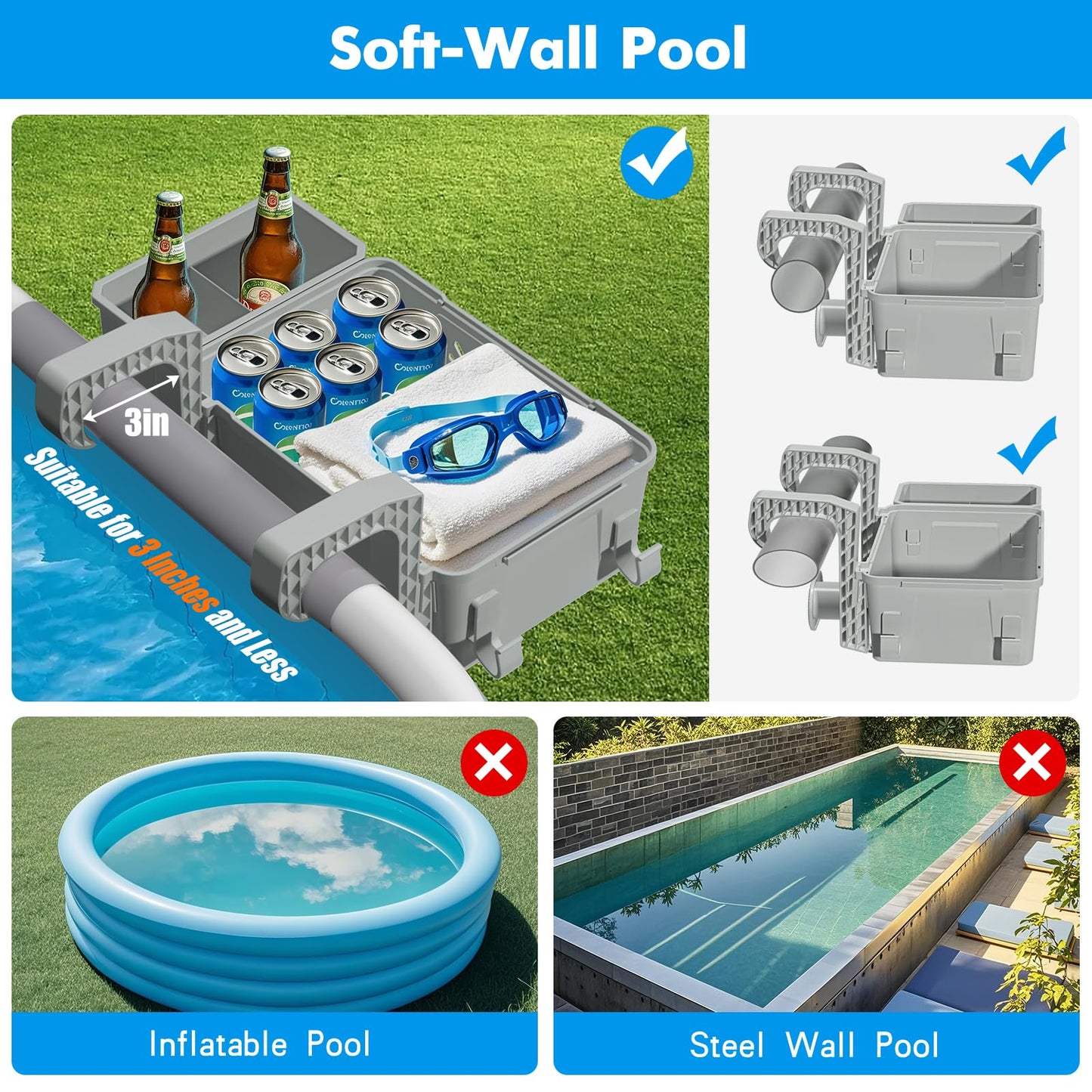 Poolside Storage Basket 2 Pack - Above Ground Pool Accessories, Swimming Pool Storage Baskets with Cup Holders,Fits 3” or Smaller Top Rails,Versatile Organizer for Pool Toys,Towels,Beverages (Grey)