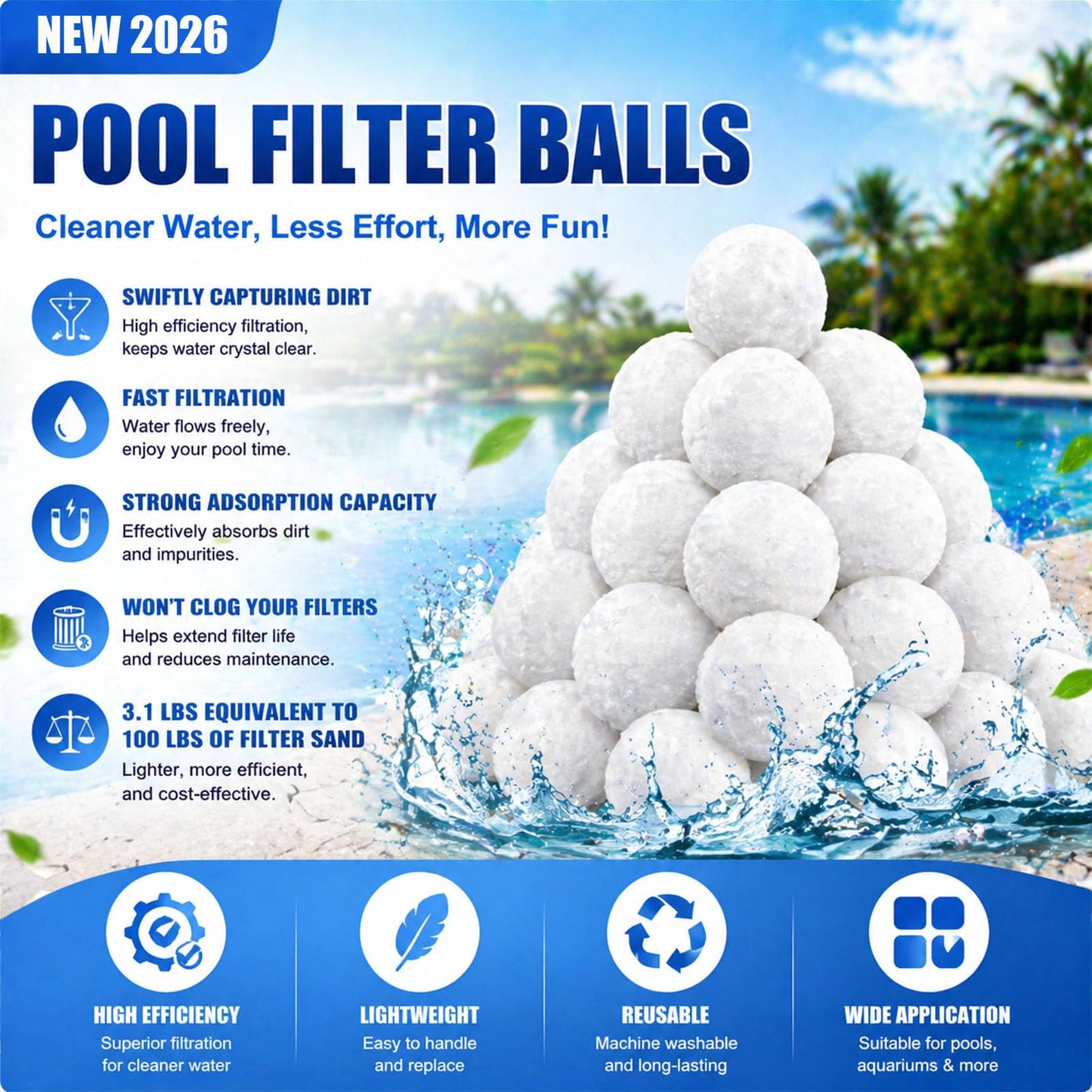 3.1 Lbs Pool Filter Balls, Eco-Friendly Filter Balls for Swimming Pool Sand Filters, Lightweight and Reusable Fiber Ball, Replace 100 lbs Pool Filter Sand