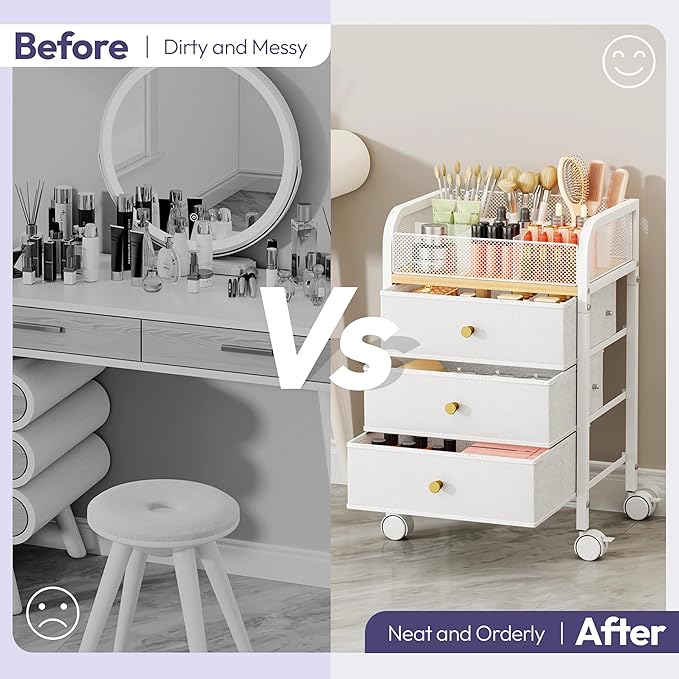 SWTYMIKI Rolling Makeup Organizer Cart - 14.96Ã¢ÂÂ³*11.81Ã¢ÂÂ³*23.03Ã¢ÂÂ³ Widened Under Desk Vanity Storage with 3 Non-woven Drawers, Cosmetic Display Cases for Skin Care Perfume Nail Polish Brush Hair Tool White
