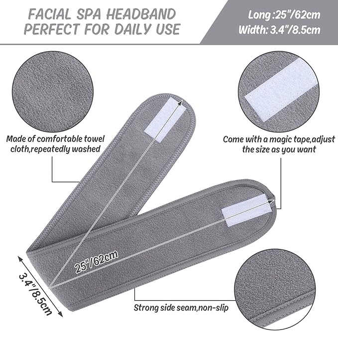 Whaline 3Pcs Spa Facial Headband Make Up Wrap Head Terry Cloth Headband Adjustable Washable Towel for Face Washing Shower Skincare Facial Treatment Sport Fits Makeup (White, Black, Gray)