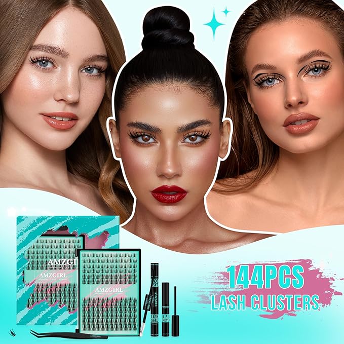 Manga Lash Clusters Kit 144PCS Fairy Eyelash Extension Kit with Lash Bond and Seal, Fake Eyelashes Clusters with Invisible Lash Band, Lash Glue Remover and Lash Applicators (8-18mm Kit,Black Bond)