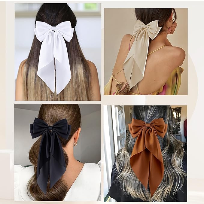 6Pcs Large Bows Hair Clips for Women Girls Long Tail Hair Ribbon Silky Satin Barrettes Coquette Bows Accessories (Black/khaki/Brown/White)