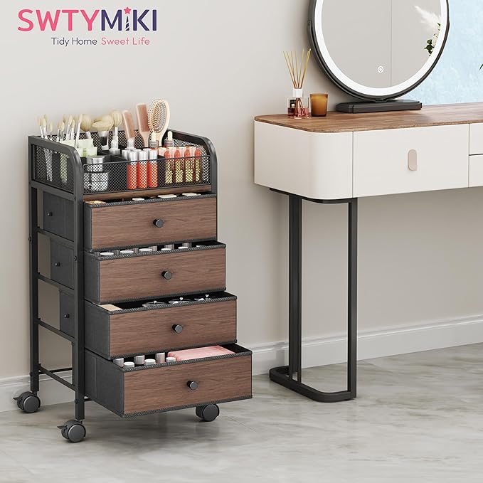 SWTYMIKI Rolling Makeup Organizer Cart - 14.96Ã¢ÂÂ³*11.81Ã¢ÂÂ³*27.55Ã¢ÂÂ³ Widened Under Desk Vanity Storage with 4 Non-woven Drawers, Cosmetic Display Cases for Skin Care Perfume Nail Polish Brush Hair Tool Black