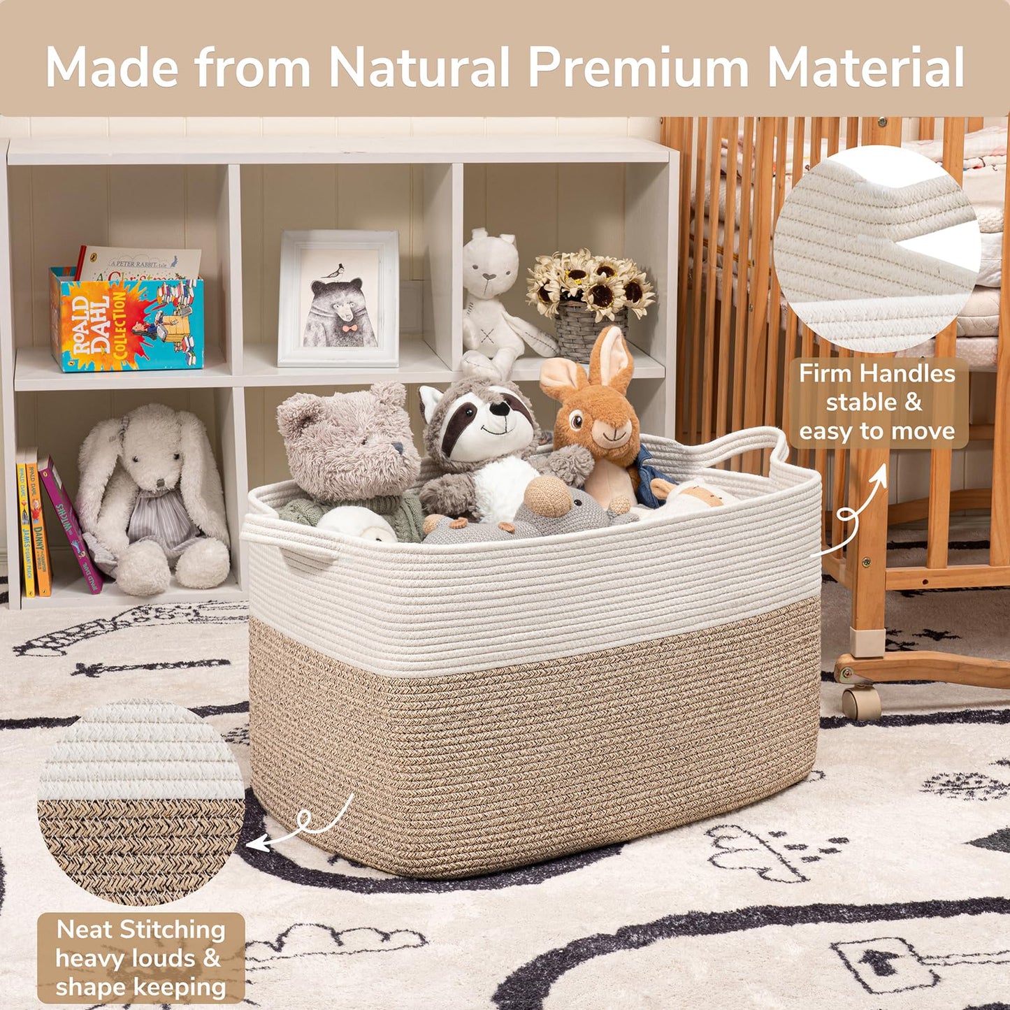 Goodpick Extra Large Woven Blanket Basket, 23.6" x 15.7" x 13.8" Storage Organizer for Blankets, Toys, Dirty Clothes, Rectangle Cotton Rope Basket for Living Room, Nursery, Bedroom