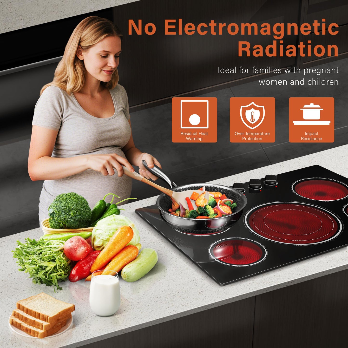 30 Inch Built-in Electric Cooktop with Expandable Triple Ring Burners, 5 Burner 9000W Ceramic Stove Top - Easy Knob Controls & Residual Heat Indicator (220-240V Hardwired)
