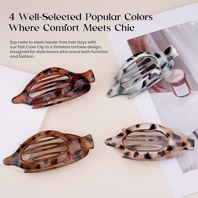 4 PCS Large Flat Hair Clips for Women Girls, French Concord Lay Down Flat Claw Clips for Thick Thin Hair, Comfortable Curved Clip, Stylish Tortoiseshell Strong Hold Hair Accessories, Leopard