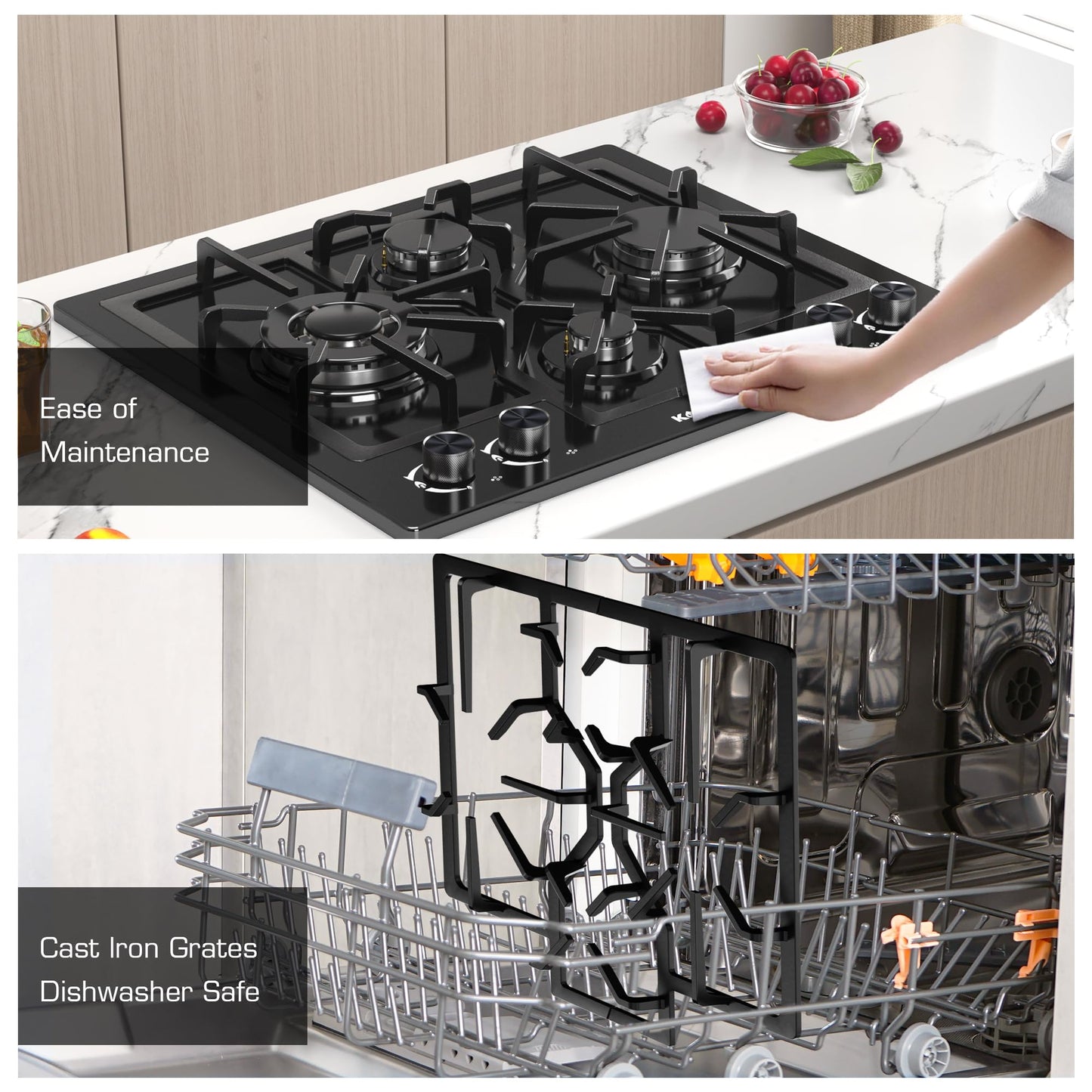 Black 24 Inch Gas Cooktop - Built-in Dual Fuel Natural Gas & Propane Stove - 4 Burner Convertible Cooktop with Thermocouple Protection