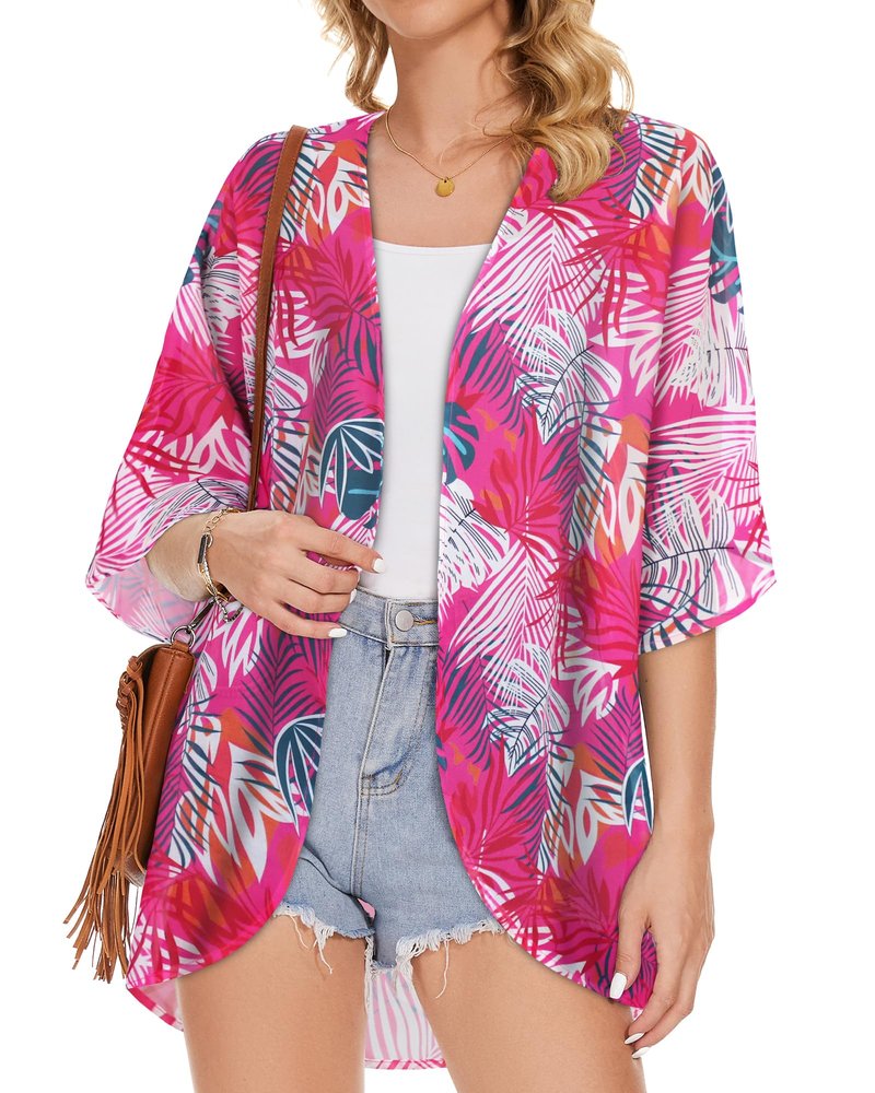 Women's Floral Kimono Print Puff Sleeve Loose Cardigan Cover Up Casual Blouse Tops (Rose Red Leaves, 3XL)